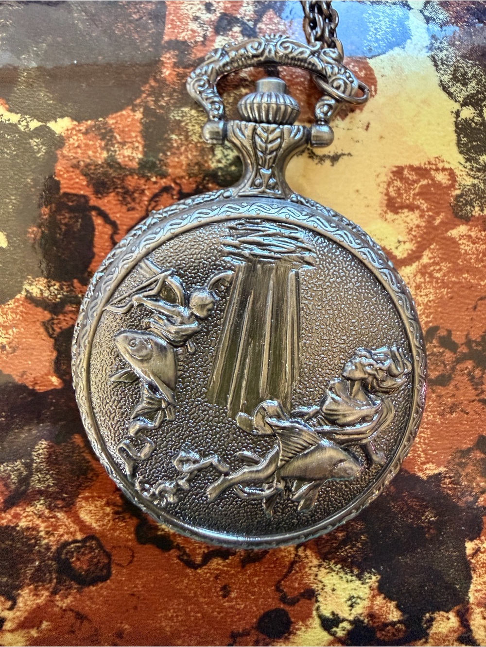 Strada Silver-Tone Embossed Aquatic Pocket Watch Pendant